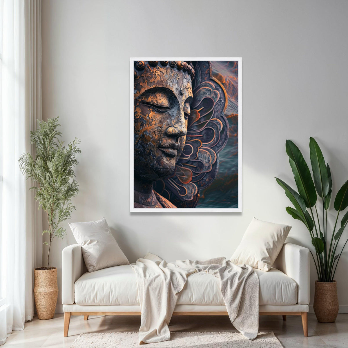 Meditative Buddha Face Canvas, Spiritual Wall Art, Zen Sculpture Decor, Metal Finish, Peaceful Home Decoration Gift Art, Home Decor, Print