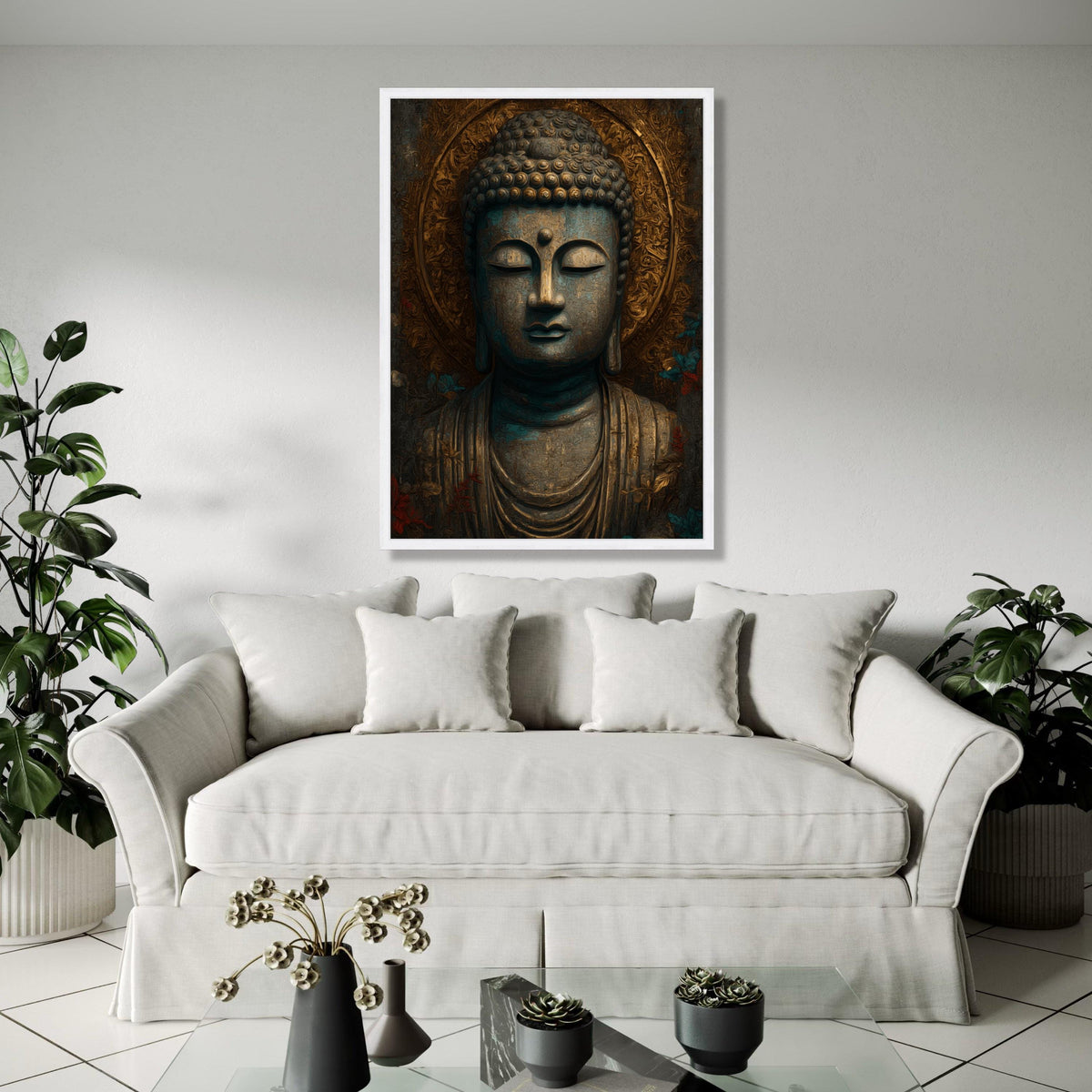 Serene Buddha Statue Canvas, Spiritual Wall Art, Meditation Decor, Zen Mindfulness Canvas, Ornate Golden Halo Gift Art, Home Decor, Print