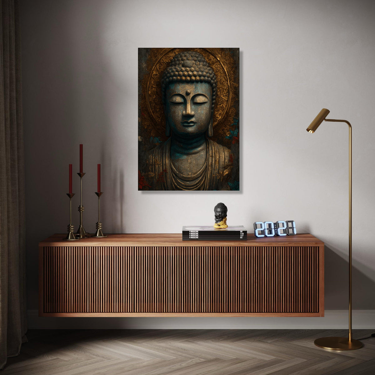 Serene Buddha Statue Canvas, Spiritual Wall Art, Meditation Decor, Zen Mindfulness Canvas, Ornate Golden Halo Gift Art, Home Decor, Print