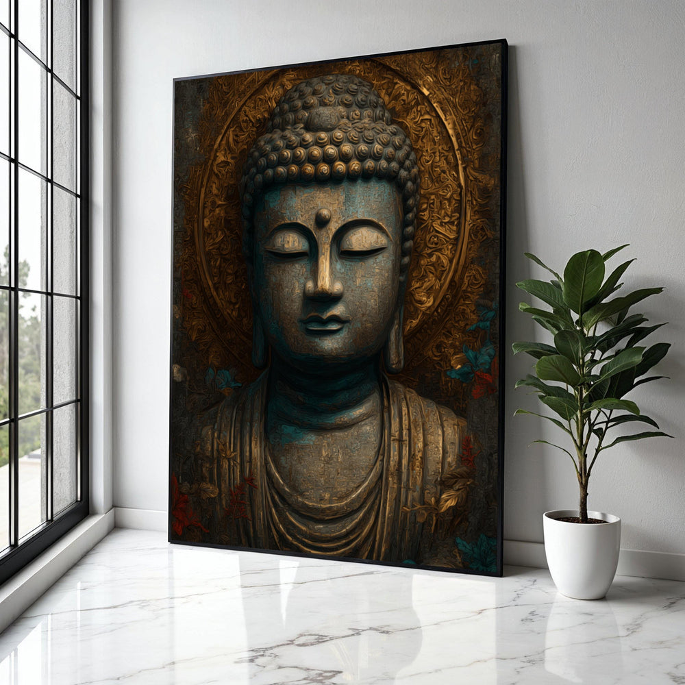 Serene Buddha Statue Canvas, Spiritual Wall Art, Meditation Decor, Zen Mindfulness Canvas, Ornate Golden Halo Gift Art, Home Decor, Print