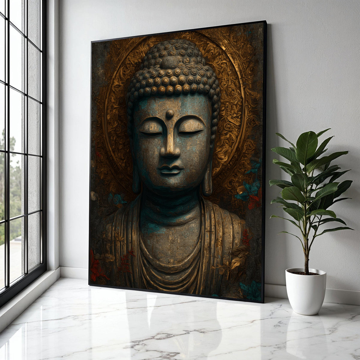 Serene Buddha Statue Canvas, Spiritual Wall Art, Meditation Decor, Zen Mindfulness Canvas, Ornate Golden Halo Gift Art, Home Decor, Print