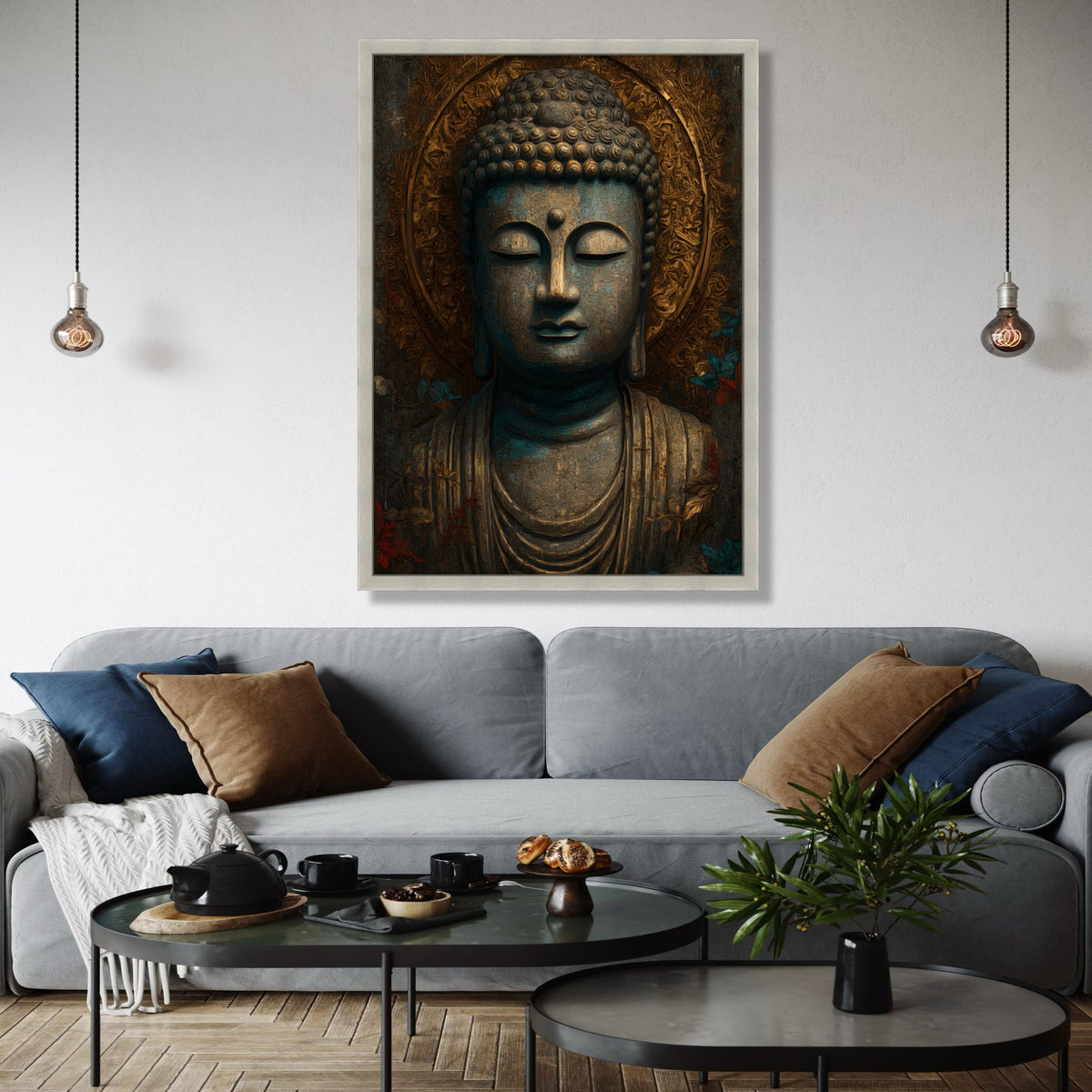 Serene Buddha Statue Canvas, Spiritual Wall Art, Meditation Decor, Zen Mindfulness Canvas, Ornate Golden Halo Gift Art, Home Decor, Print