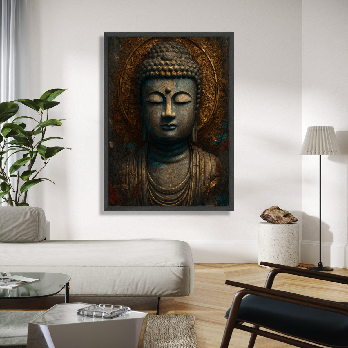 Serene Buddha Statue Canvas, Spiritual Wall Art, Meditation Decor, Zen Mindfulness Canvas, Ornate Golden Halo Gift Art, Home Decor, Print
