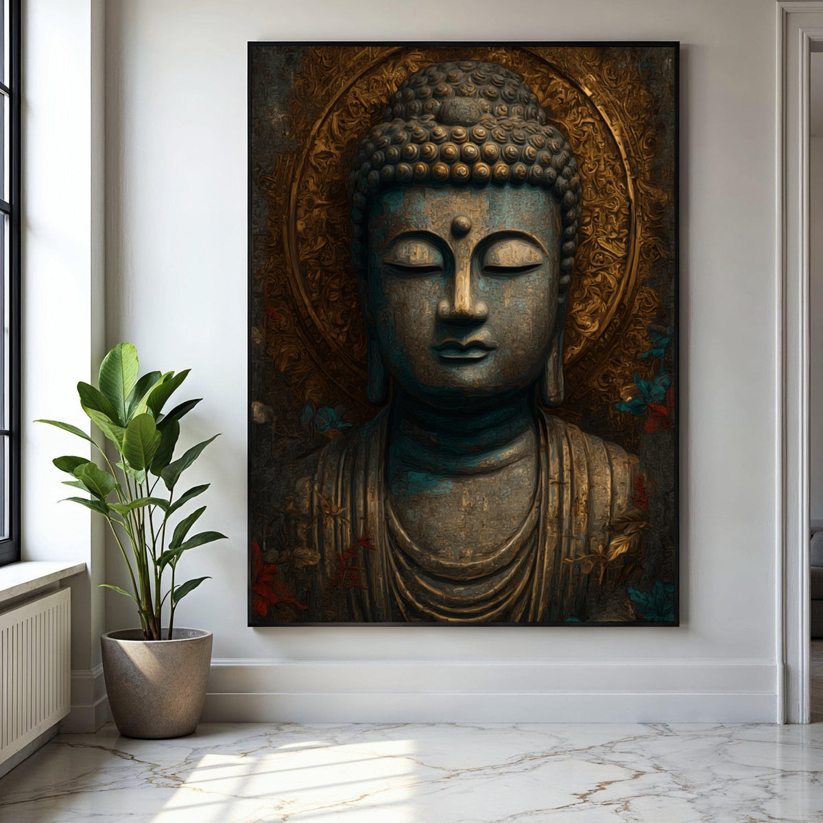 Serene Buddha Statue Canvas, Spiritual Wall Art, Meditation Decor, Zen Mindfulness Canvas, Ornate Golden Halo Gift Art, Home Decor, Print