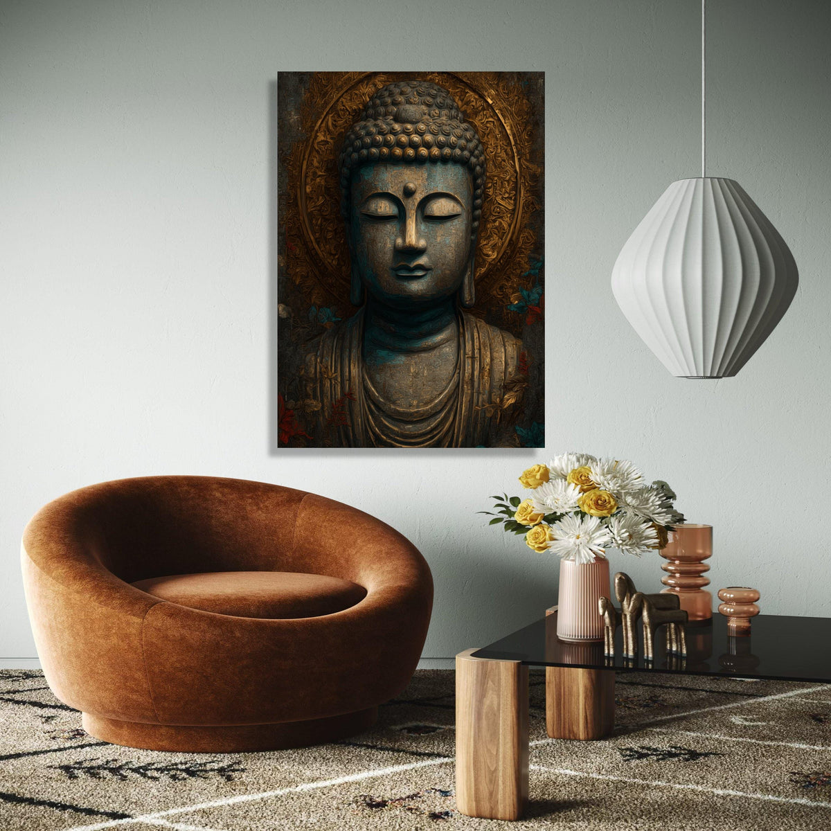 Serene Buddha Statue Canvas, Spiritual Wall Art, Meditation Decor, Zen Mindfulness Canvas, Ornate Golden Halo Gift Art, Home Decor, Print