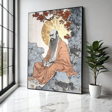 Zen Monk Meditation Canvas, Traditional Asian Spiritual Art, Calm Serenity Wall Decor, Asian Brush Painting, Gift Art, Home Decor, Print