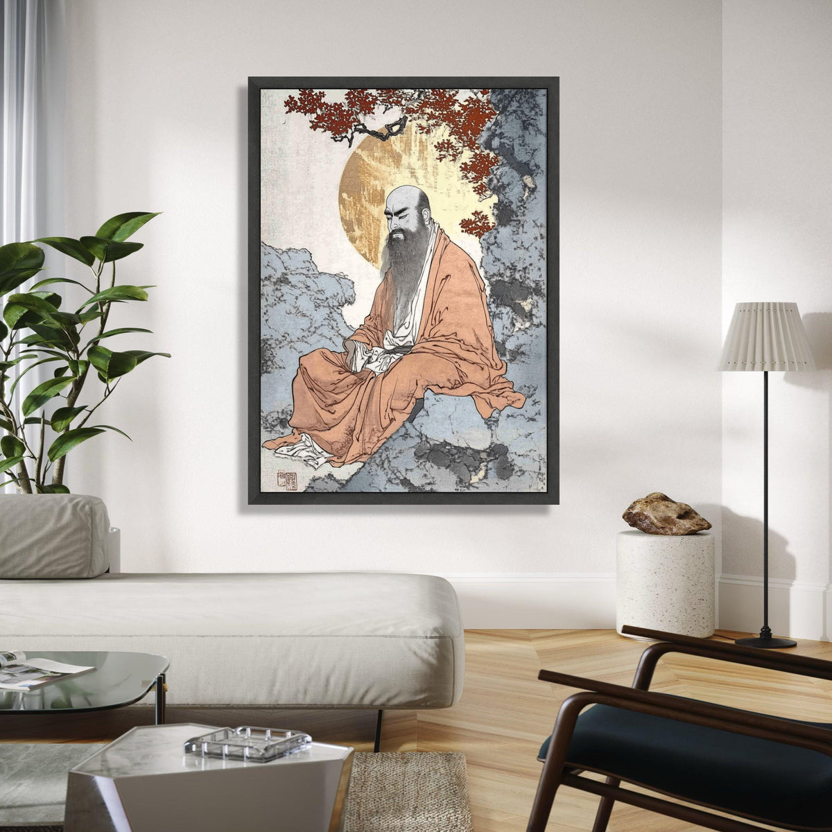 Zen Monk Meditation Canvas, Traditional Asian Spiritual Art, Calm Serenity Wall Decor, Asian Brush Painting, Gift Art, Home Decor, Print