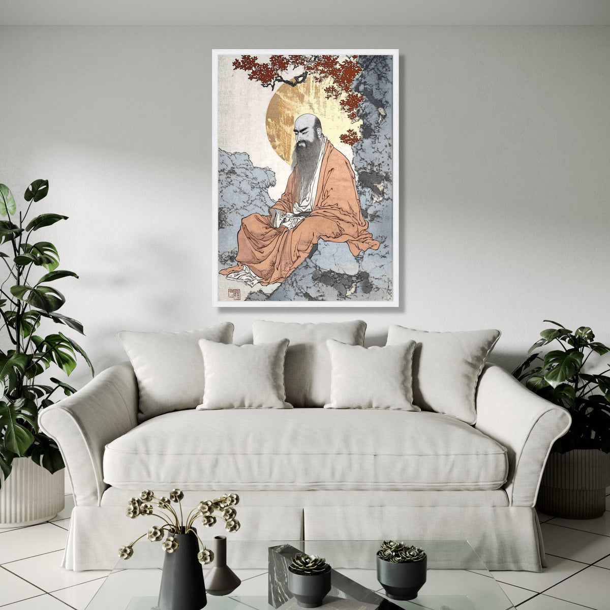 Zen Monk Meditation Canvas, Traditional Asian Spiritual Art, Calm Serenity Wall Decor, Asian Brush Painting, Gift Art, Home Decor, Print