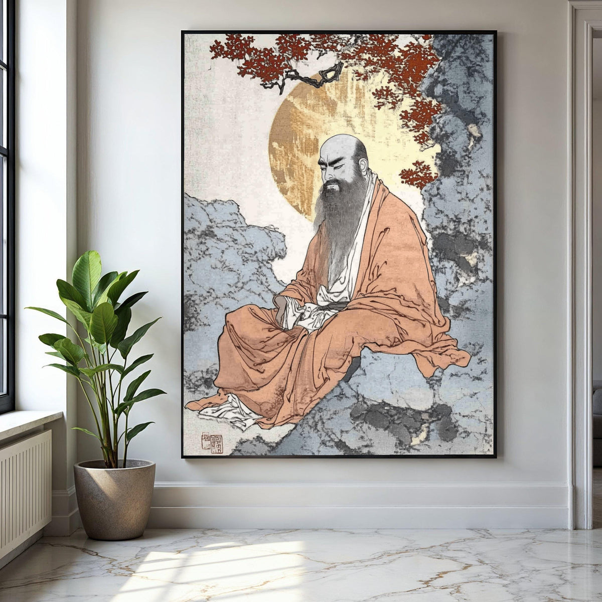 Zen Monk Meditation Canvas, Traditional Asian Spiritual Art, Calm Serenity Wall Decor, Asian Brush Painting, Gift Art, Home Decor, Print