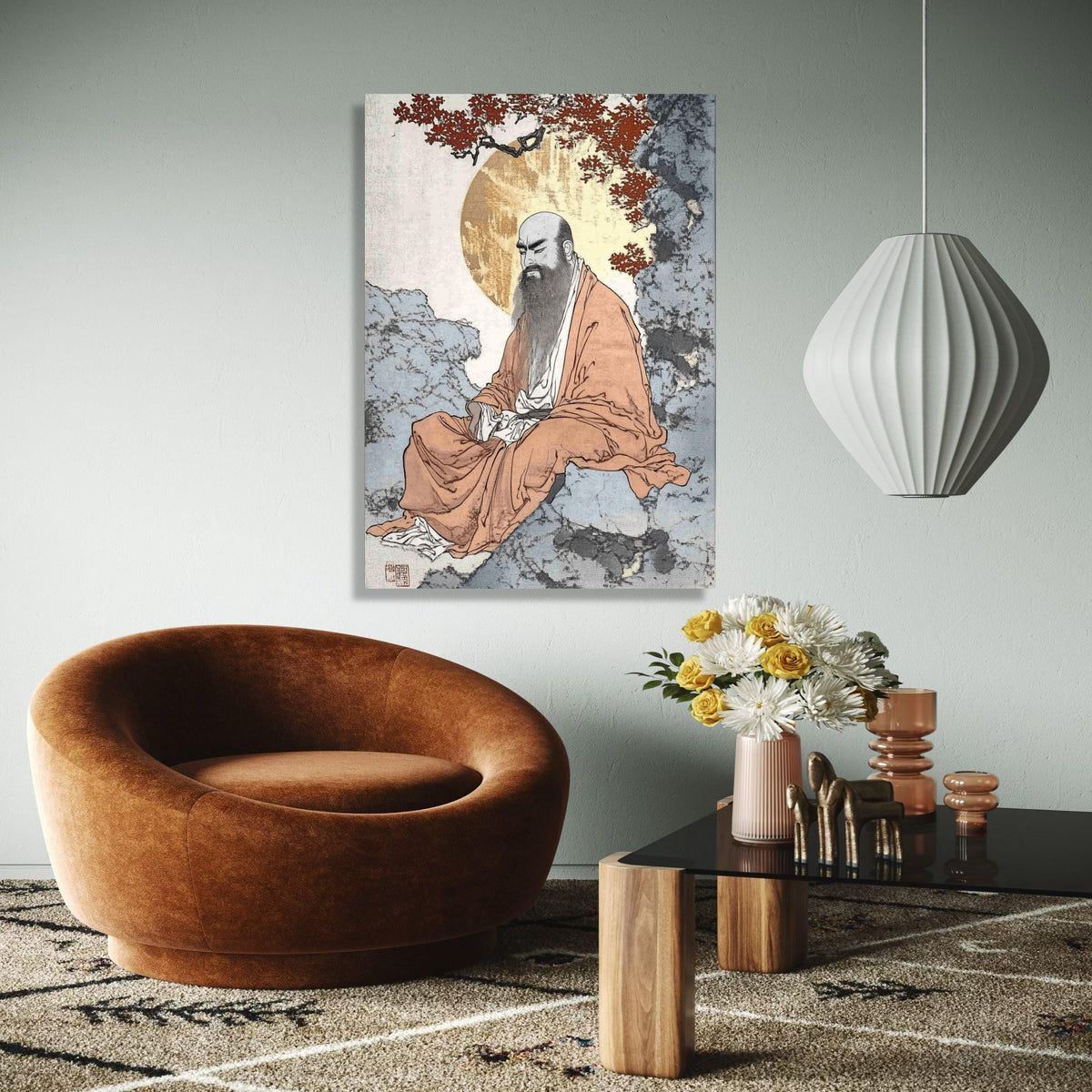 Zen Monk Meditation Canvas, Traditional Asian Spiritual Art, Calm Serenity Wall Decor, Asian Brush Painting, Gift Art, Home Decor, Print