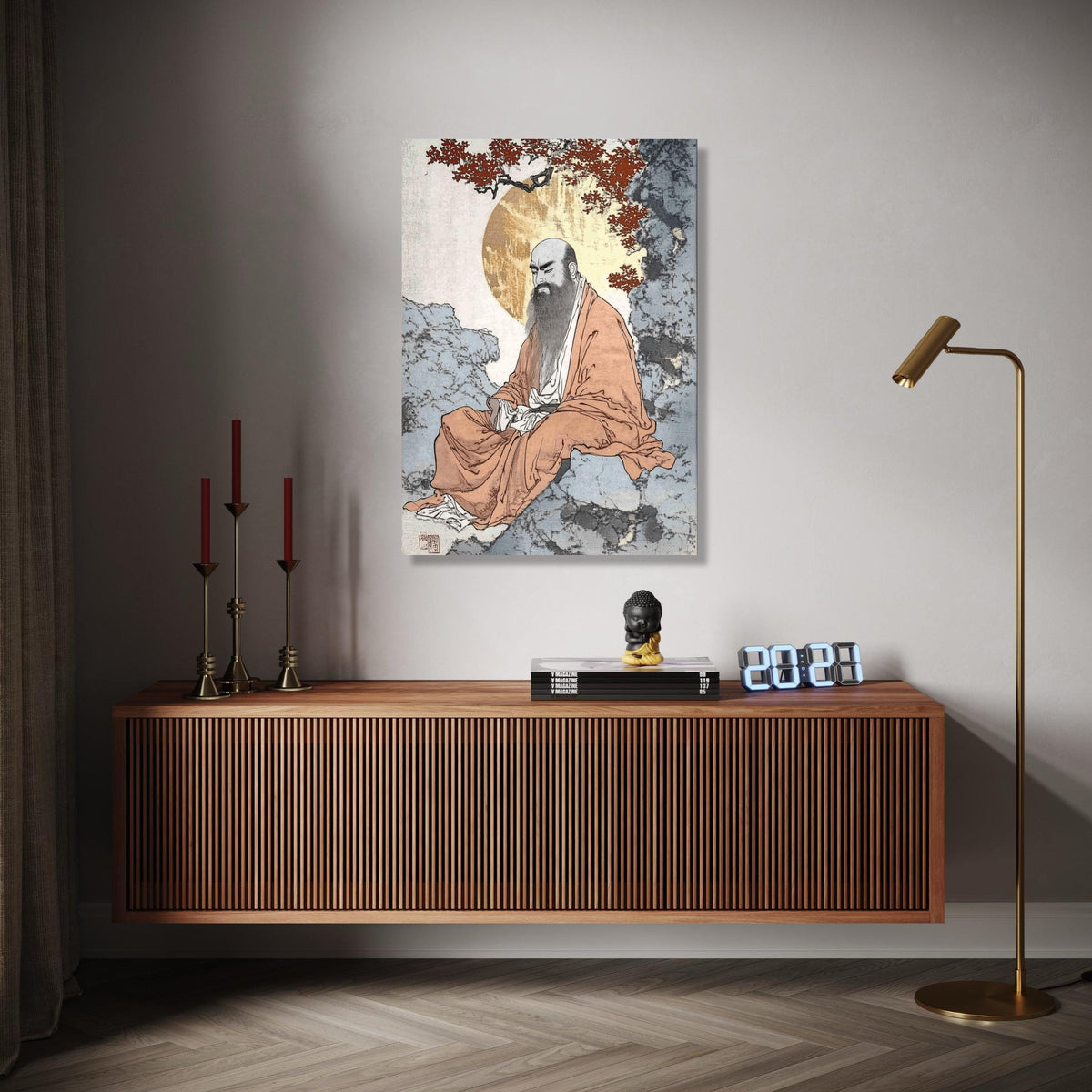 Zen Monk Meditation Canvas, Traditional Asian Spiritual Art, Calm Serenity Wall Decor, Asian Brush Painting, Gift Art, Home Decor, Print