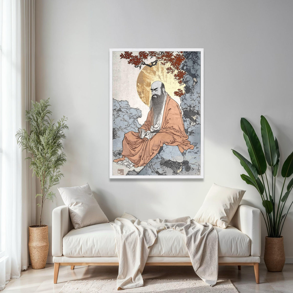 Zen Monk Meditation Canvas, Traditional Asian Spiritual Art, Calm Serenity Wall Decor, Asian Brush Painting, Gift Art, Home Decor, Print