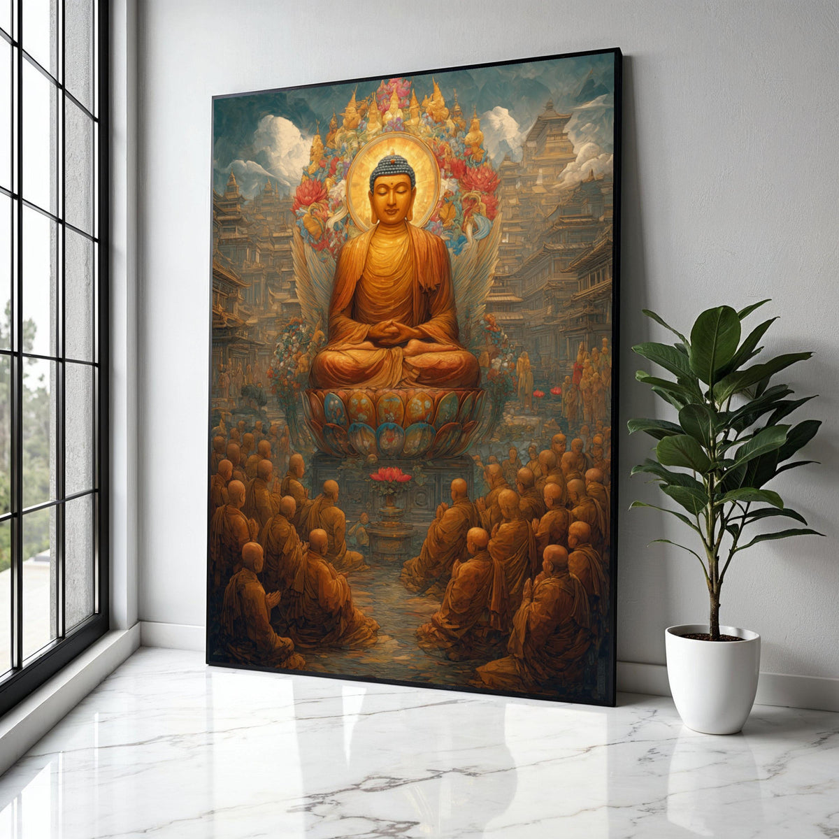 Serene Buddha Meditation Canvas, Spiritual Wall Art, Lotus Throne Decor, Zen Buddhist Painting, Asian Temple Gift Art, Home Decor, Print