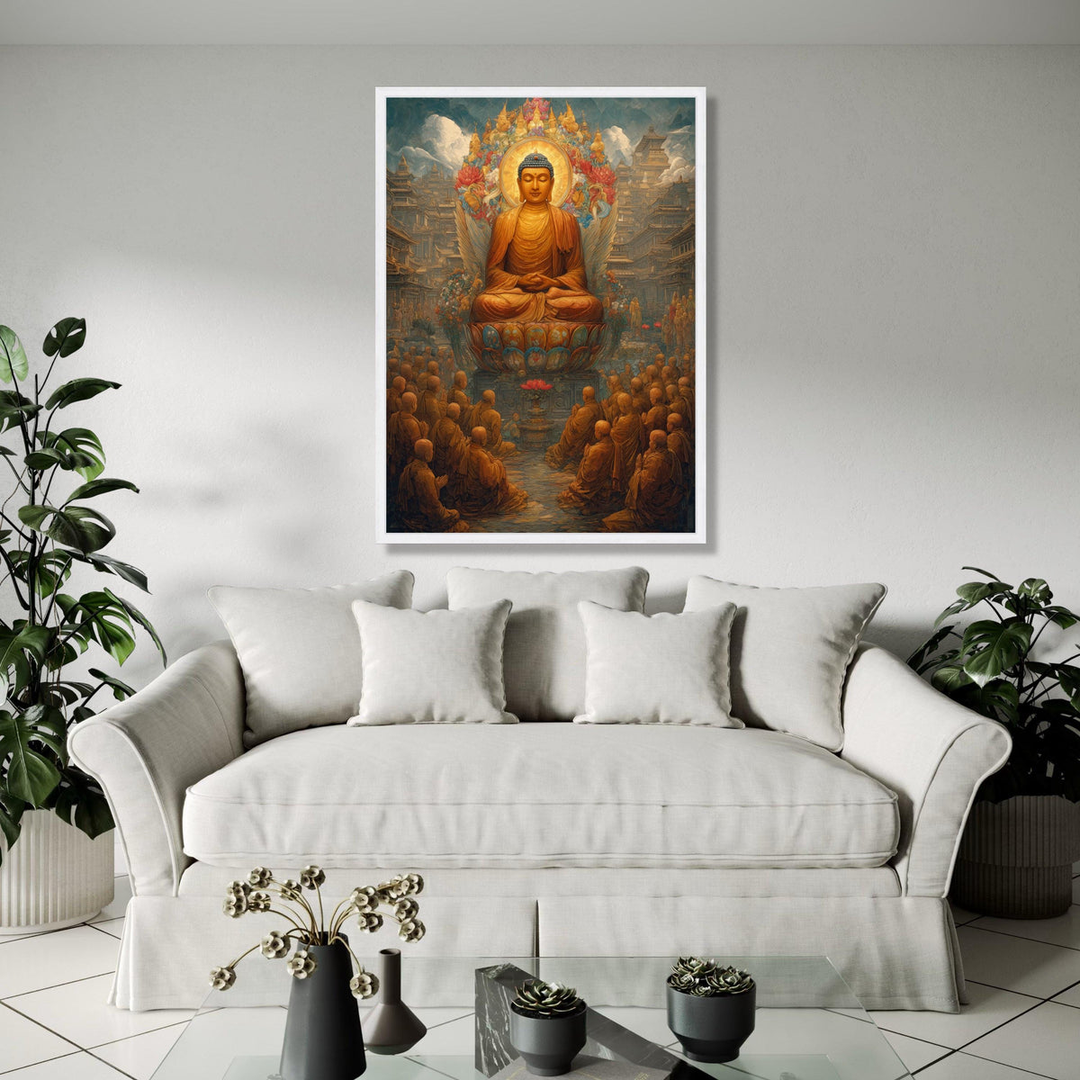 Serene Buddha Meditation Canvas, Spiritual Wall Art, Lotus Throne Decor, Zen Buddhist Painting, Asian Temple Gift Art, Home Decor, Print
