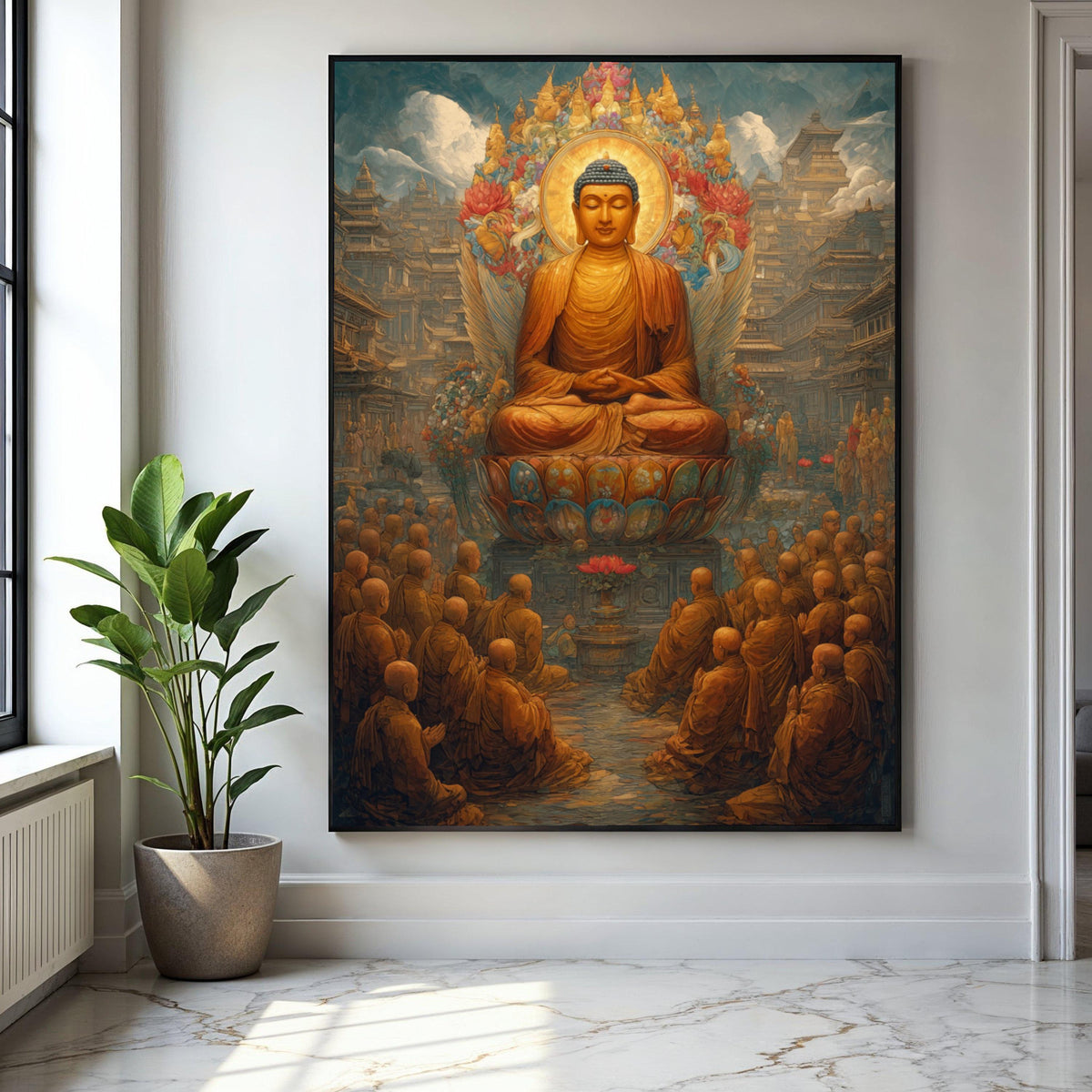 Serene Buddha Meditation Canvas, Spiritual Wall Art, Lotus Throne Decor, Zen Buddhist Painting, Asian Temple Gift Art, Home Decor, Print