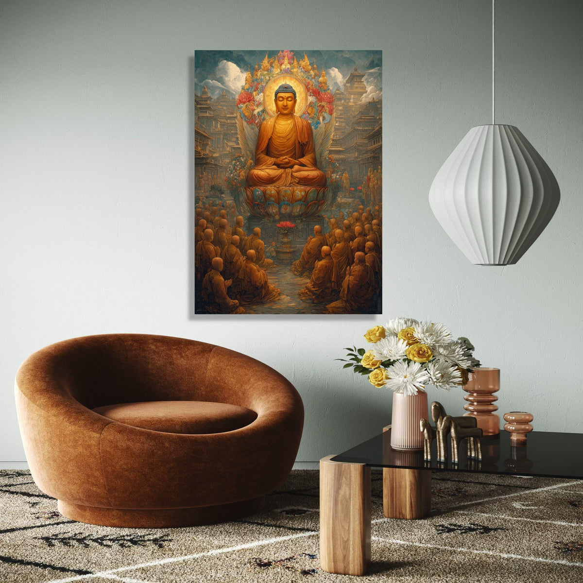 Serene Buddha Meditation Canvas, Spiritual Wall Art, Lotus Throne Decor, Zen Buddhist Painting, Asian Temple Gift Art, Home Decor, Print