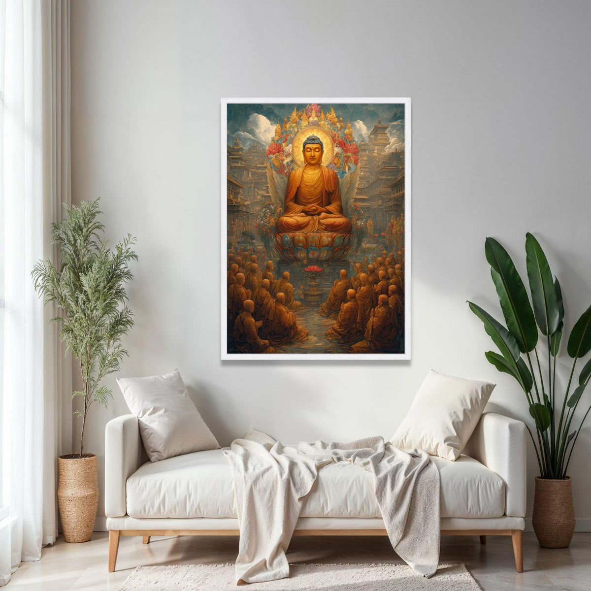 Serene Buddha Meditation Canvas, Spiritual Wall Art, Lotus Throne Decor, Zen Buddhist Painting, Asian Temple Gift Art, Home Decor, Print