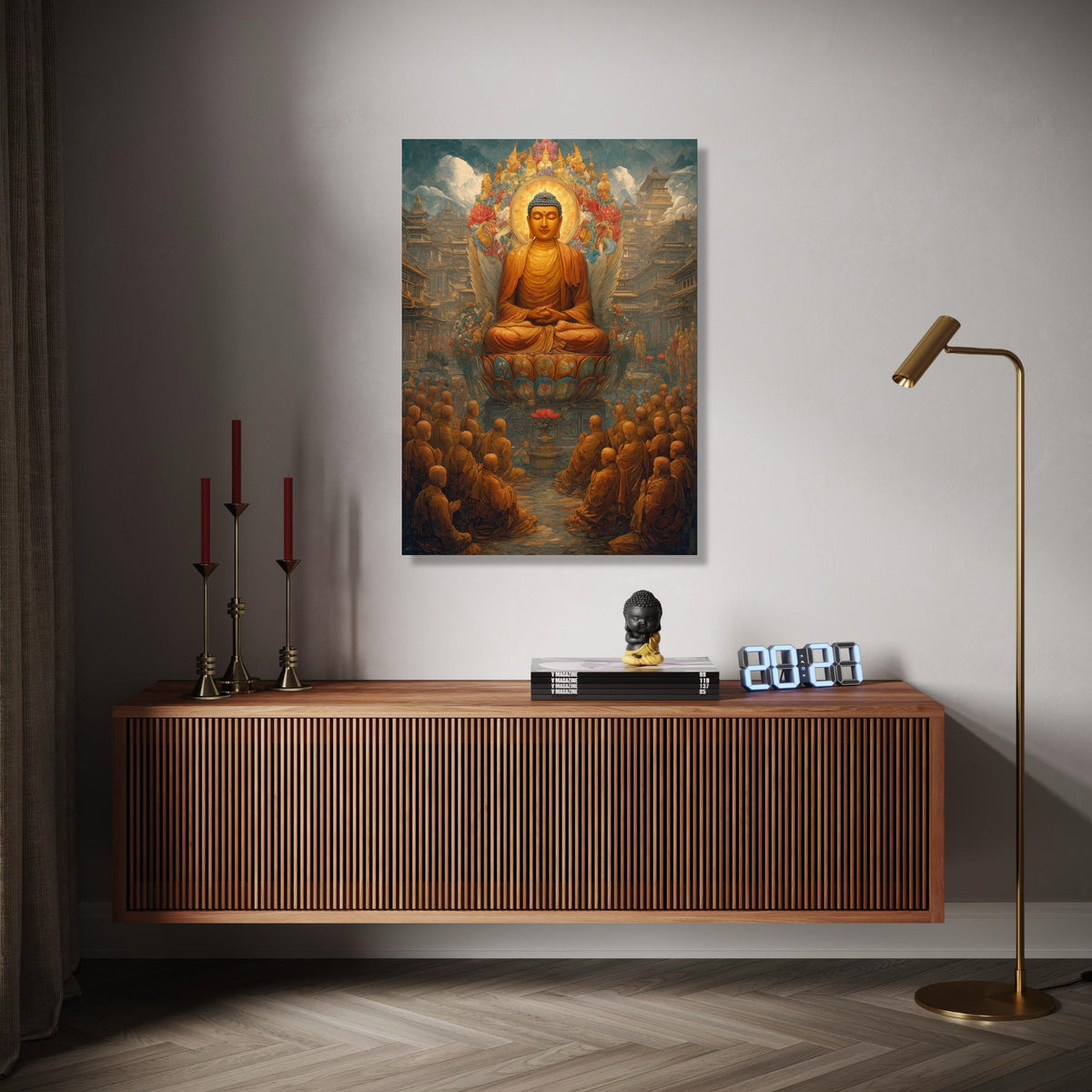 Serene Buddha Meditation Canvas, Spiritual Wall Art, Lotus Throne Decor, Zen Buddhist Painting, Asian Temple Gift Art, Home Decor, Print