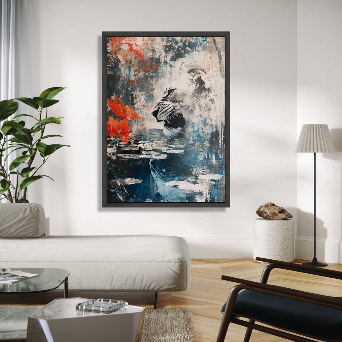Abstract Lion Portrait Canvas, Wildlife Wall Art, Nature Inspired Decor, Floral and Animal Canvas Painting, Gift Art, Home Decor, Print