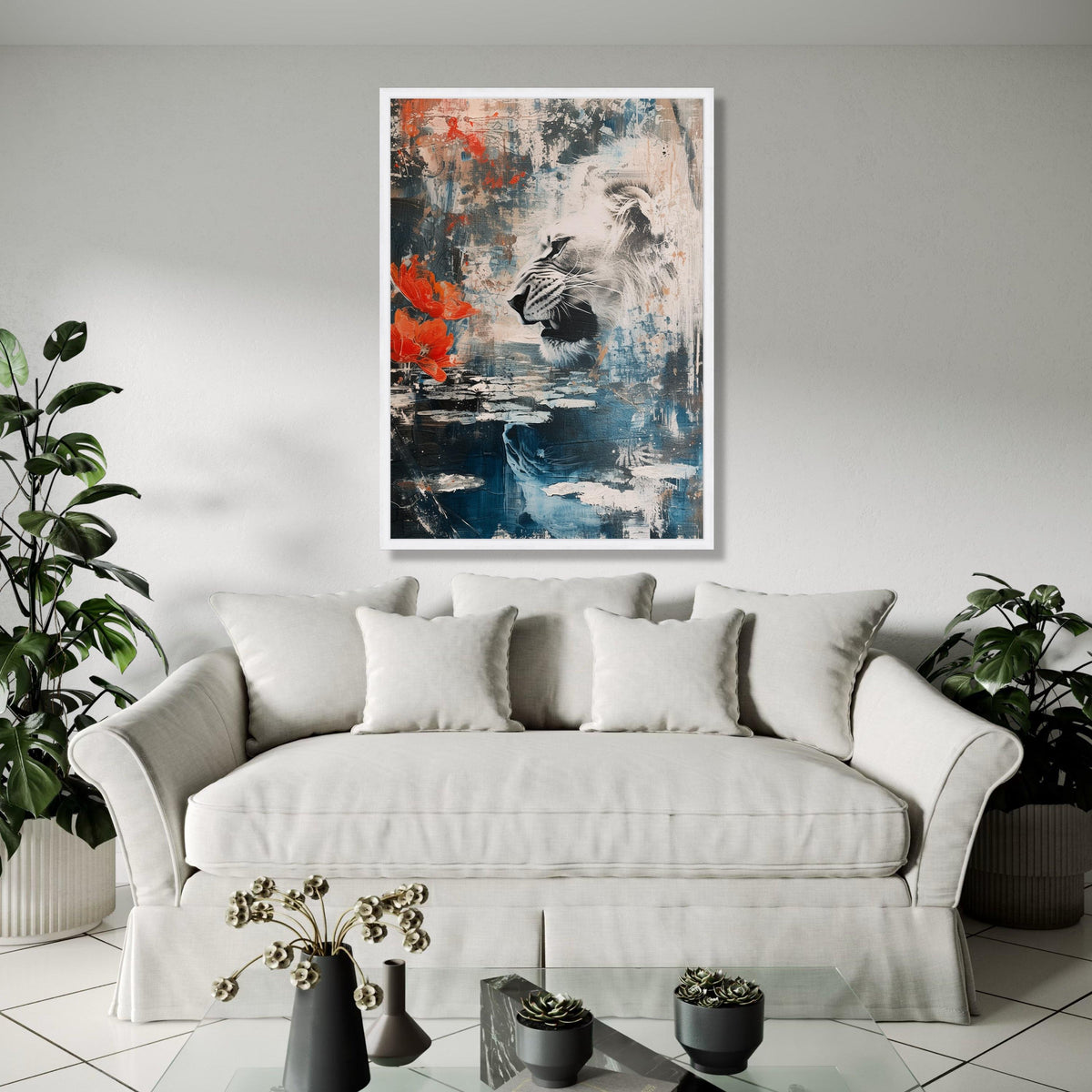 Abstract Lion Portrait Canvas, Wildlife Wall Art, Nature Inspired Decor, Floral and Animal Canvas Painting, Gift Art, Home Decor, Print