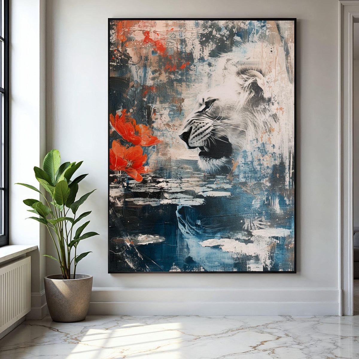 Abstract Lion Portrait Canvas, Wildlife Wall Art, Nature Inspired Decor, Floral and Animal Canvas Painting, Gift Art, Home Decor, Print