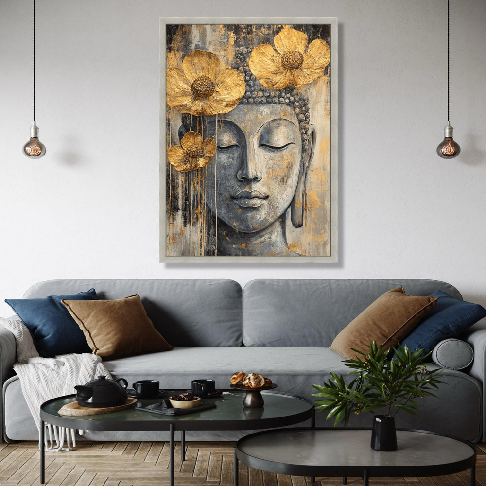 Serene Buddha Face Canvas Wall Art, Gold Flower Accents, Spiritual Meditation Decor, Zen Home Decoration, Gift Art, Home Decor, Print