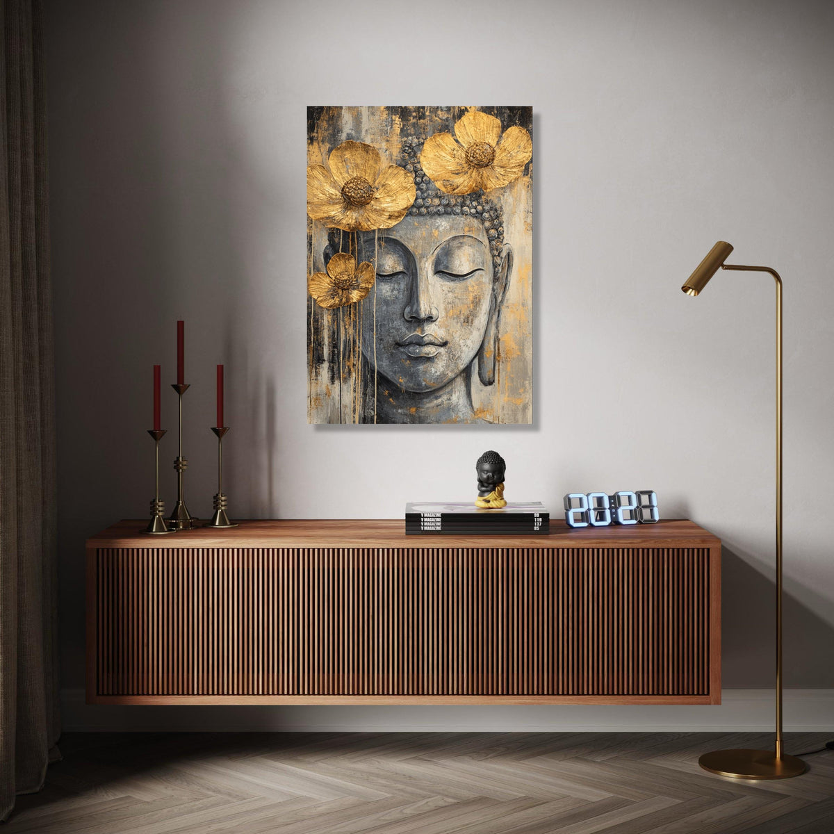 Serene Buddha Face Canvas Wall Art, Gold Flower Accents, Spiritual Meditation Decor, Zen Home Decoration, Gift Art, Home Decor, Print