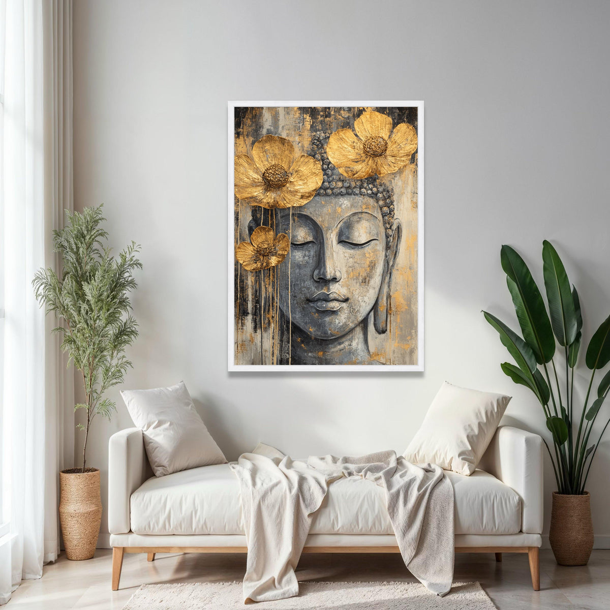 Serene Buddha Face Canvas Wall Art, Gold Flower Accents, Spiritual Meditation Decor, Zen Home Decoration, Gift Art, Home Decor, Print