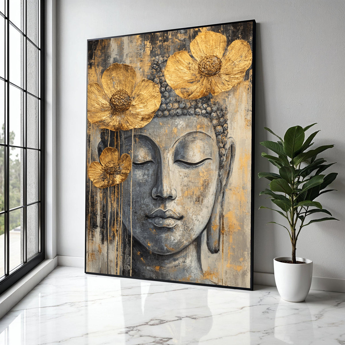 Serene Buddha Face Canvas Wall Art, Gold Flower Accents, Spiritual Meditation Decor, Zen Home Decoration, Gift Art, Home Decor, Print