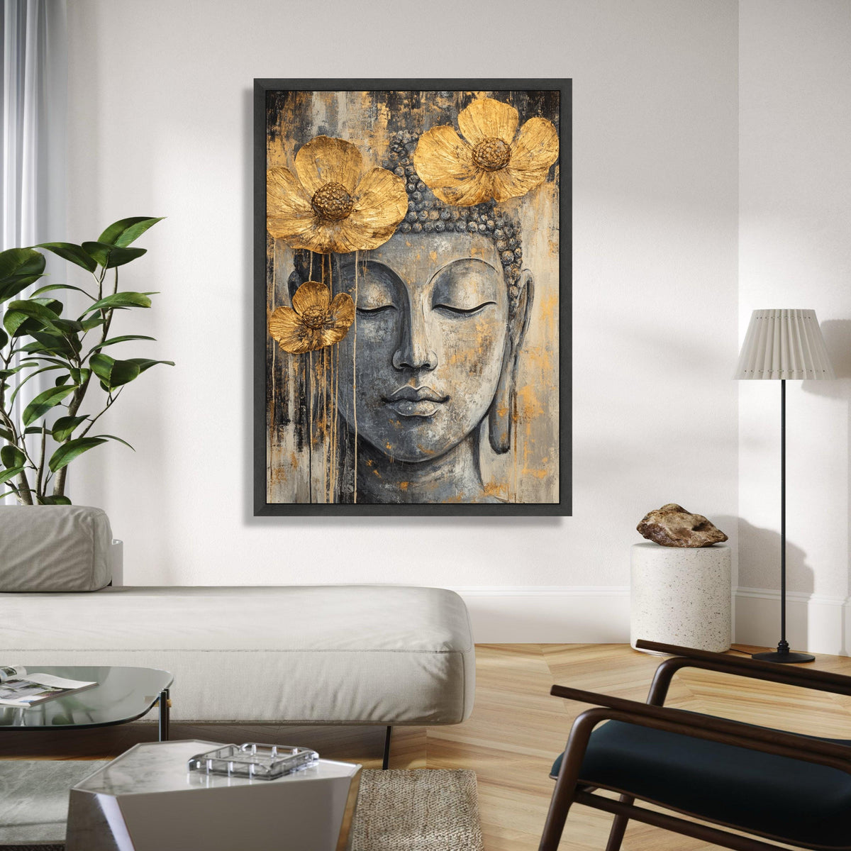 Serene Buddha Face Canvas Wall Art, Gold Flower Accents, Spiritual Meditation Decor, Zen Home Decoration, Gift Art, Home Decor, Print