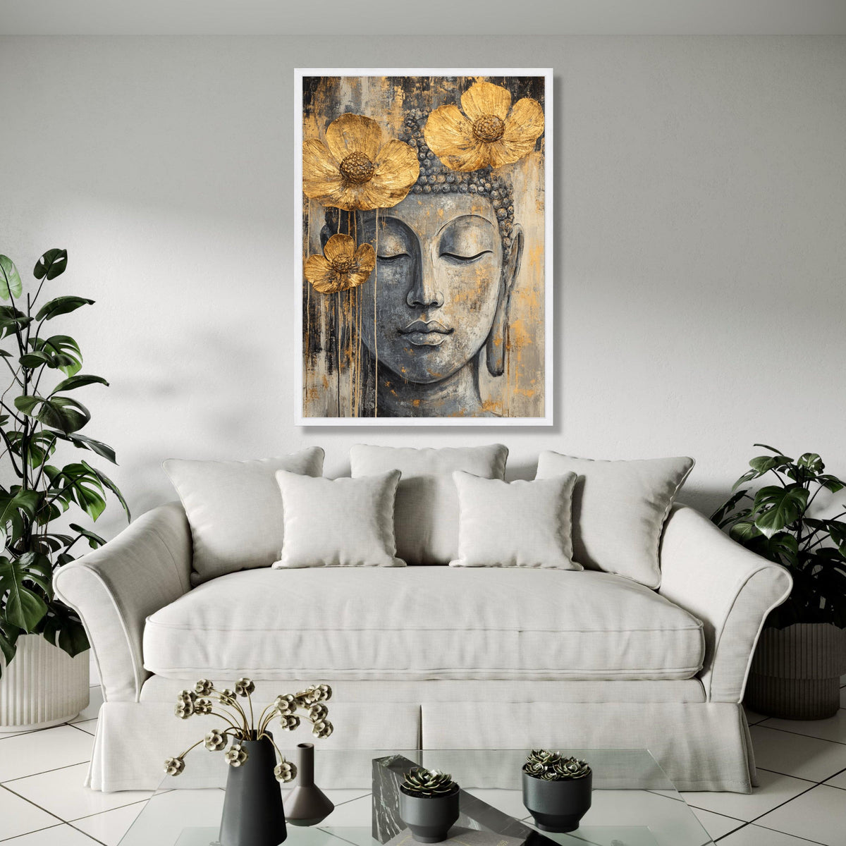 Serene Buddha Face Canvas Wall Art, Gold Flower Accents, Spiritual Meditation Decor, Zen Home Decoration, Gift Art, Home Decor, Print