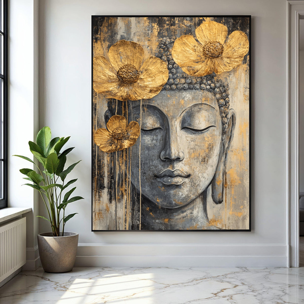 Serene Buddha Face Canvas Wall Art, Gold Flower Accents, Spiritual Meditation Decor, Zen Home Decoration, Gift Art, Home Decor, Print