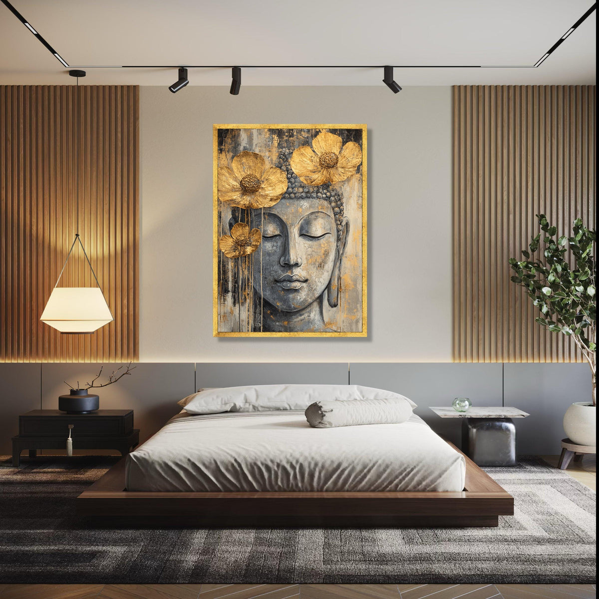 Serene Buddha Face Canvas Wall Art, Gold Flower Accents, Spiritual Meditation Decor, Zen Home Decoration, Gift Art, Home Decor, Print