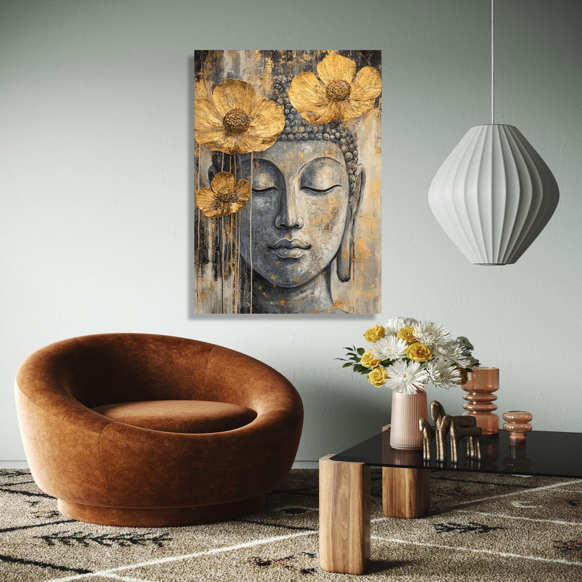 Serene Buddha Face Canvas Wall Art, Gold Flower Accents, Spiritual Meditation Decor, Zen Home Decoration, Gift Art, Home Decor, Print