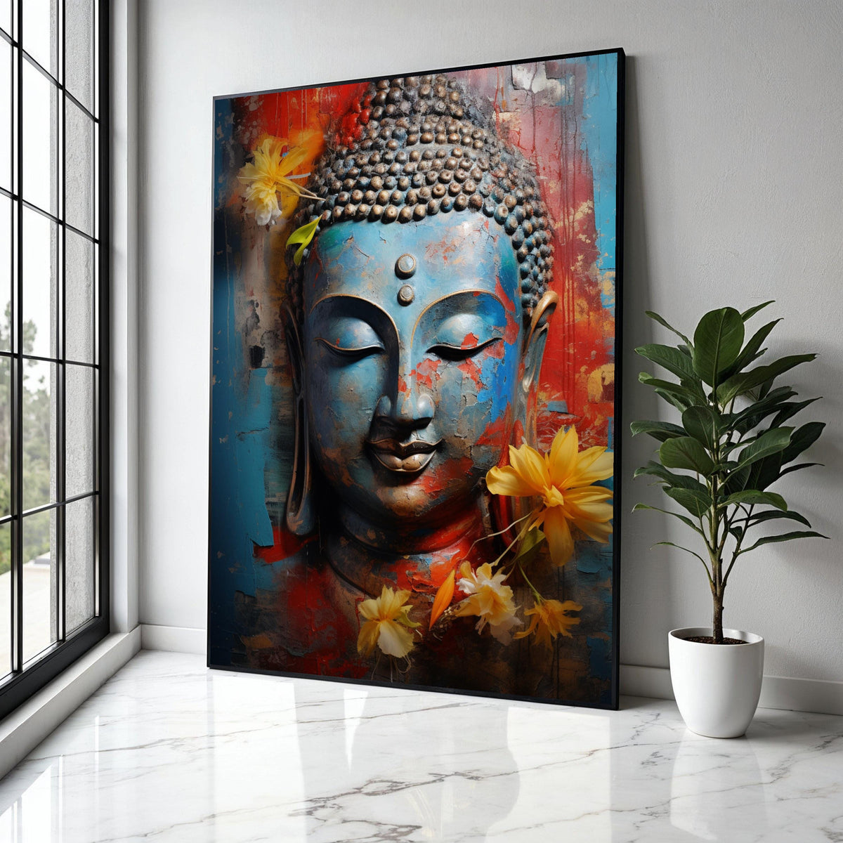 Serene Buddha Face Canvas, Blue Red Abstract Wall Art, Spiritual Decor, Meditative Canvas Print, Yellow Floral Gift Art, Home Decor, Print
