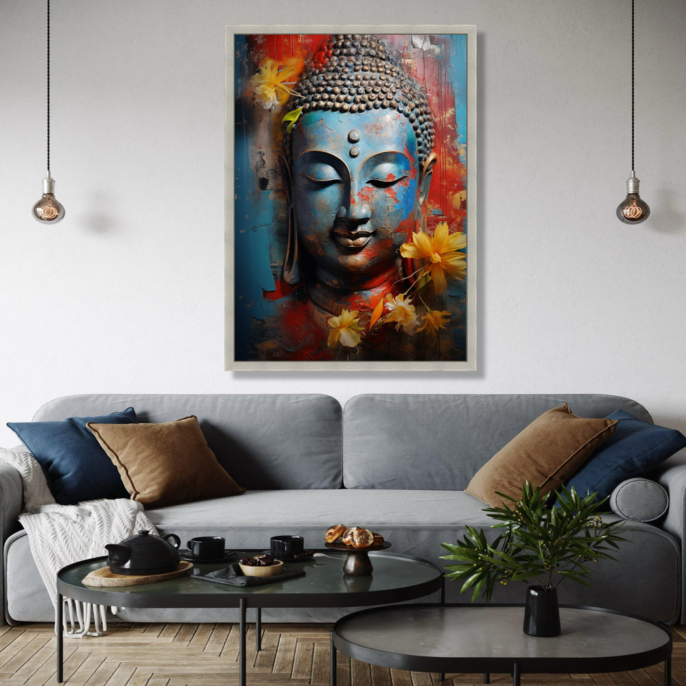 Serene Buddha Face Canvas, Blue Red Abstract Wall Art, Spiritual Decor, Meditative Canvas Print, Yellow Floral Gift Art, Home Decor, Print