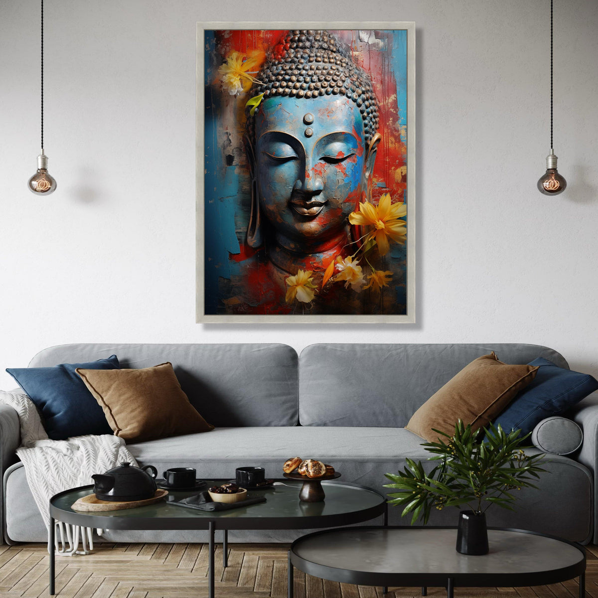 Serene Buddha Face Canvas, Blue Red Abstract Wall Art, Spiritual Decor, Meditative Canvas Print, Yellow Floral Gift Art, Home Decor, Print