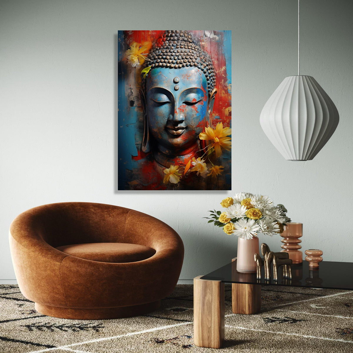 Serene Buddha Face Canvas, Blue Red Abstract Wall Art, Spiritual Decor, Meditative Canvas Print, Yellow Floral Gift Art, Home Decor, Print