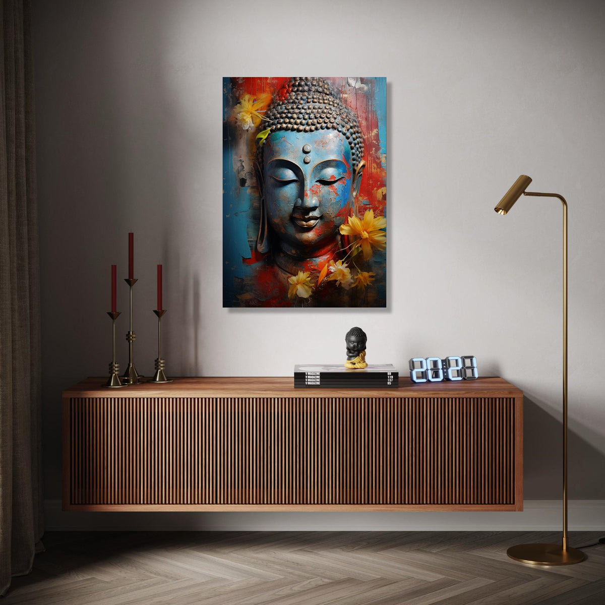 Serene Buddha Face Canvas, Blue Red Abstract Wall Art, Spiritual Decor, Meditative Canvas Print, Yellow Floral Gift Art, Home Decor, Print