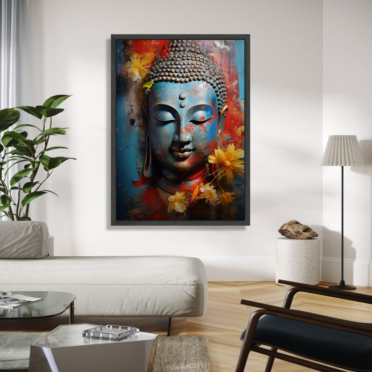 Serene Buddha Face Canvas, Blue Red Abstract Wall Art, Spiritual Decor, Meditative Canvas Print, Yellow Floral Gift Art, Home Decor, Print