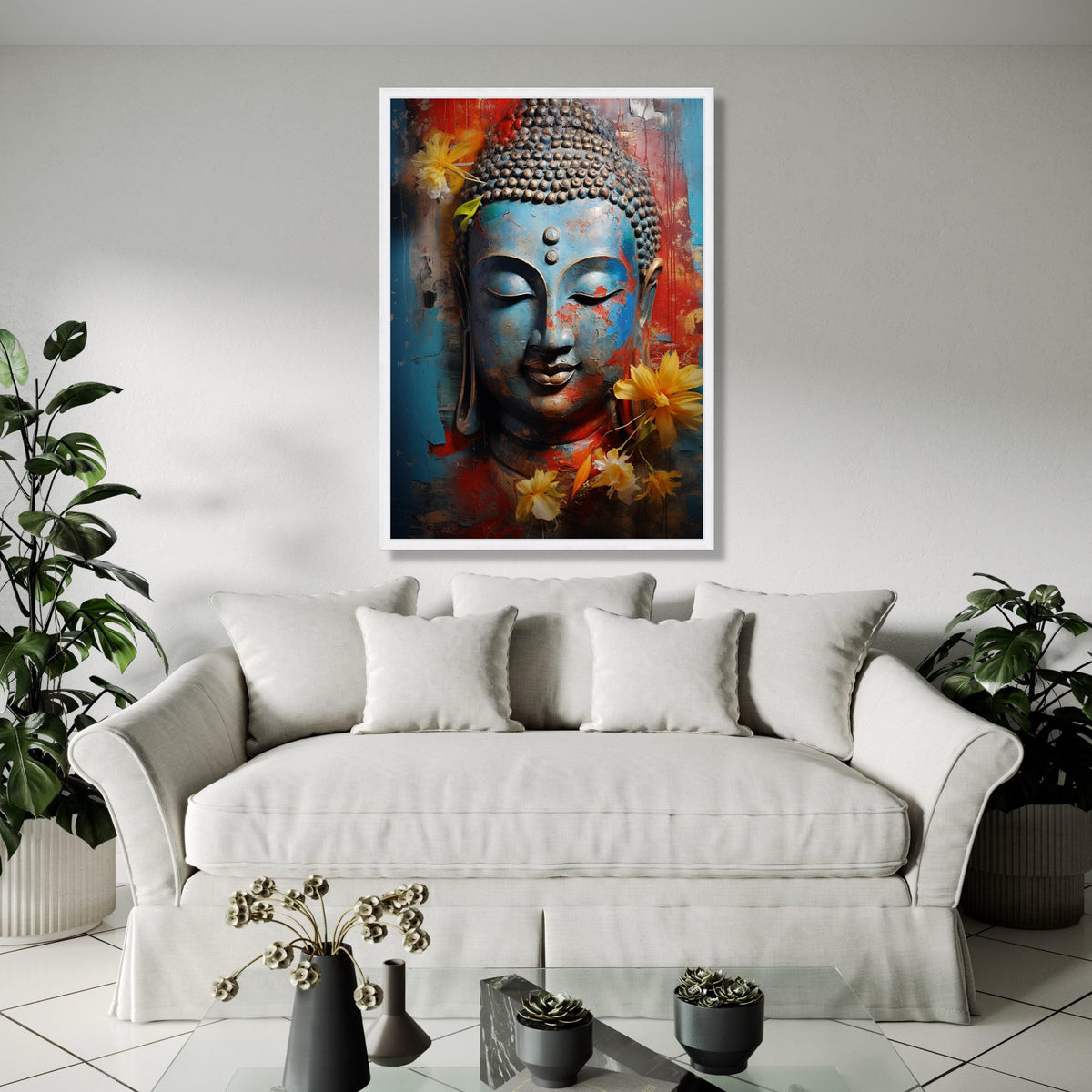 Serene Buddha Face Canvas, Blue Red Abstract Wall Art, Spiritual Decor, Meditative Canvas Print, Yellow Floral Gift Art, Home Decor, Print