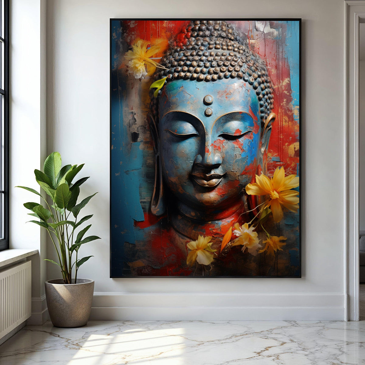 Serene Buddha Face Canvas, Blue Red Abstract Wall Art, Spiritual Decor, Meditative Canvas Print, Yellow Floral Gift Art, Home Decor, Print