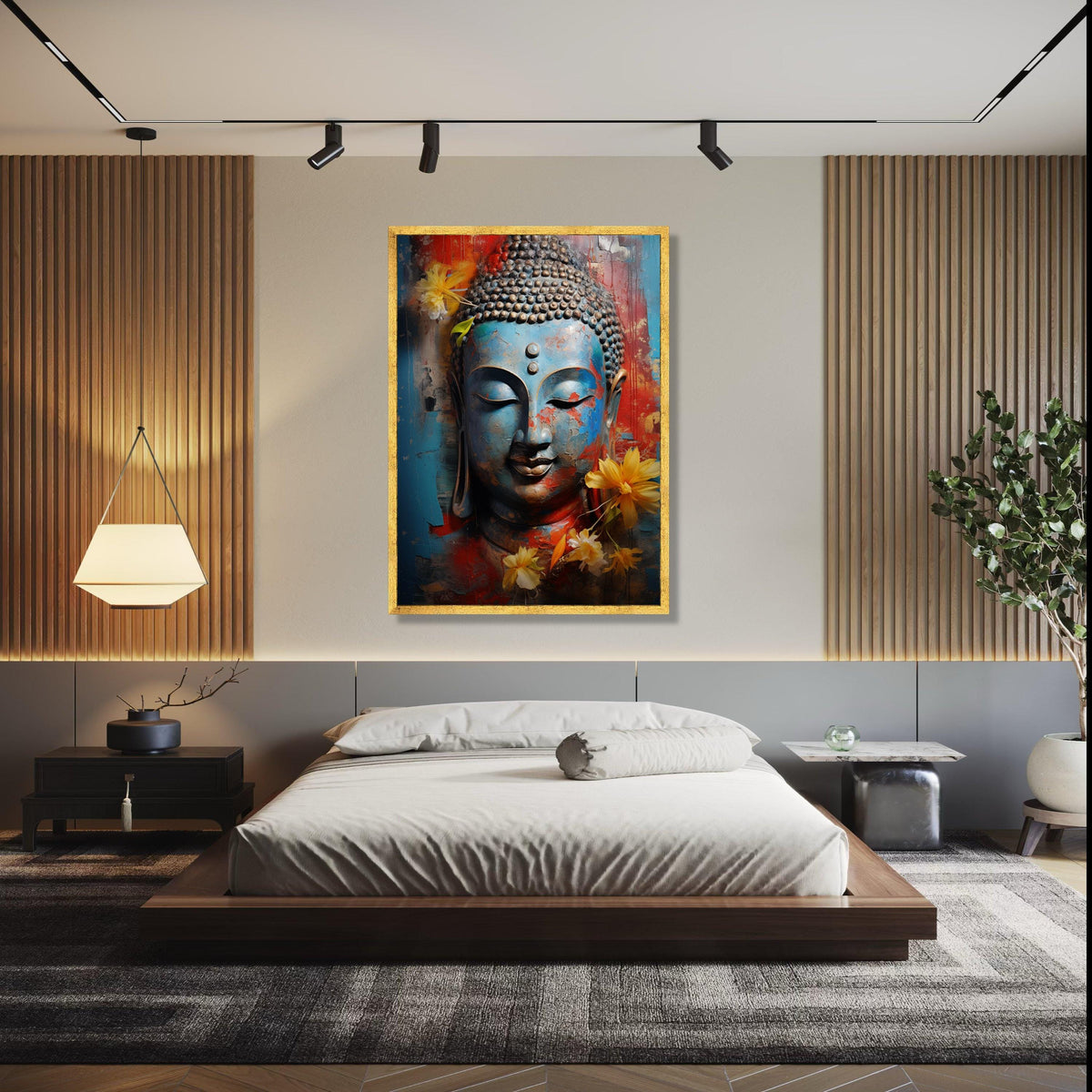 Serene Buddha Face Canvas, Blue Red Abstract Wall Art, Spiritual Decor, Meditative Canvas Print, Yellow Floral Gift Art, Home Decor, Print