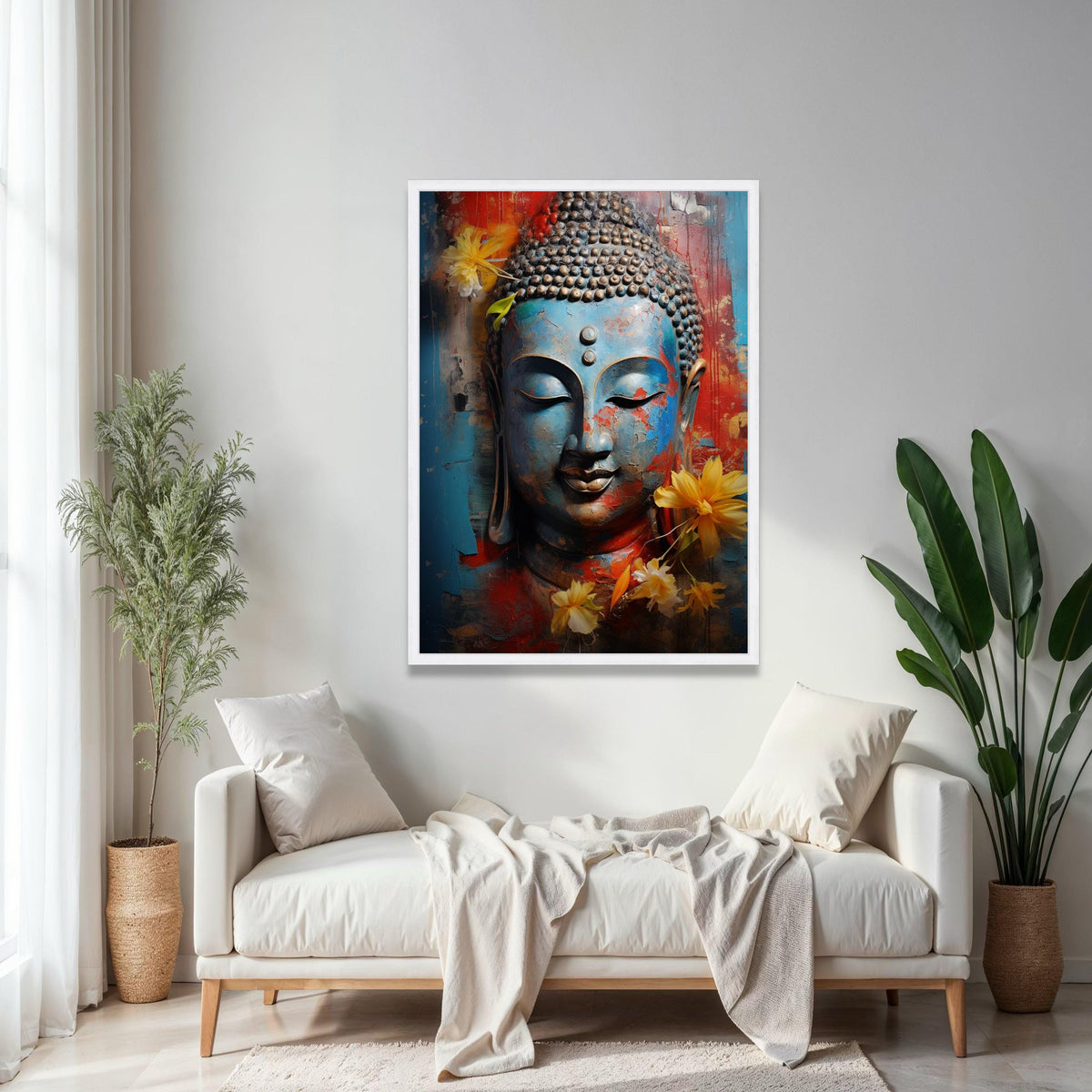 Serene Buddha Face Canvas, Blue Red Abstract Wall Art, Spiritual Decor, Meditative Canvas Print, Yellow Floral Gift Art, Home Decor, Print