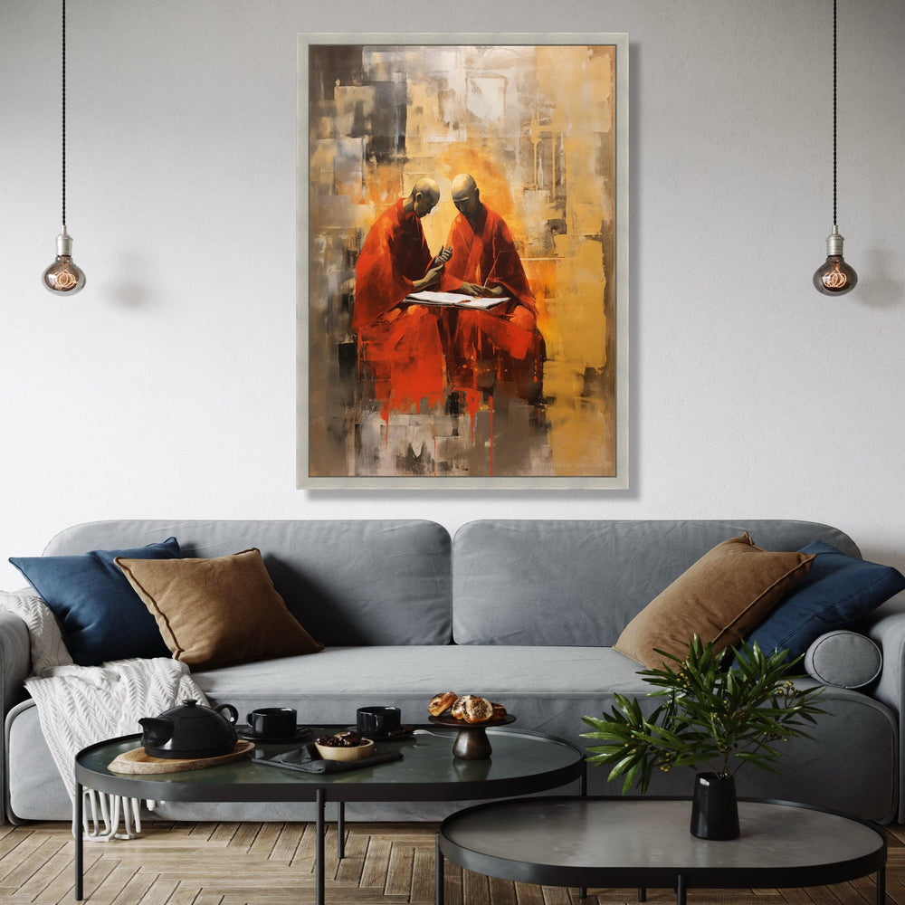 Meditative Monks Painting, Abstract Spiritual Canvas Art, Red Robe Monks Artwork, Contemplative Home Decor, Gift Art, Home Decor, Print