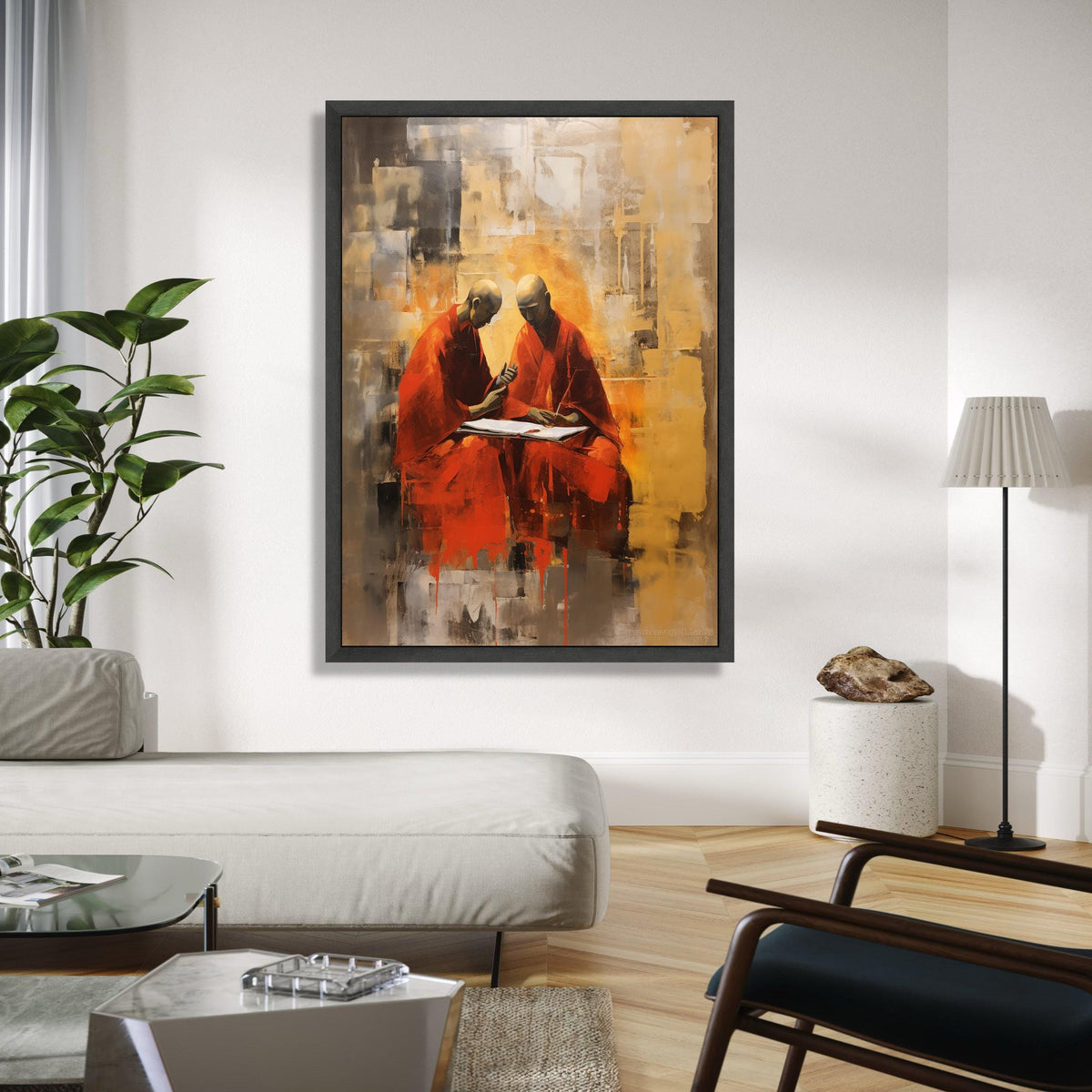 Meditative Monks Painting, Abstract Spiritual Canvas Art, Red Robe Monks Artwork, Contemplative Home Decor, Gift Art, Home Decor, Print