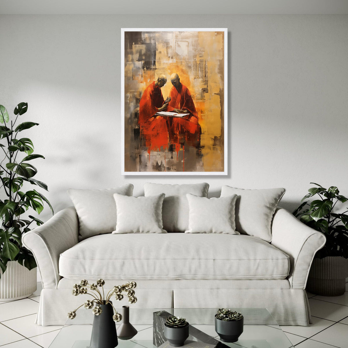 Meditative Monks Painting, Abstract Spiritual Canvas Art, Red Robe Monks Artwork, Contemplative Home Decor, Gift Art, Home Decor, Print