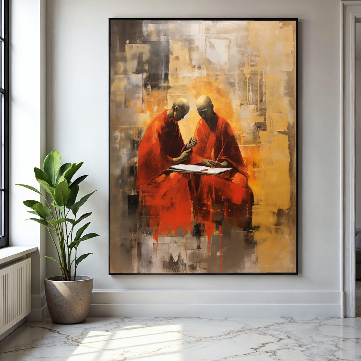 Meditative Monks Painting, Abstract Spiritual Canvas Art, Red Robe Monks Artwork, Contemplative Home Decor, Gift Art, Home Decor, Print
