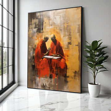 Meditative Monks Painting, Abstract Spiritual Canvas Art, Red Robe Monks Artwork, Contemplative Home Decor, Gift Art, Home Decor, Print