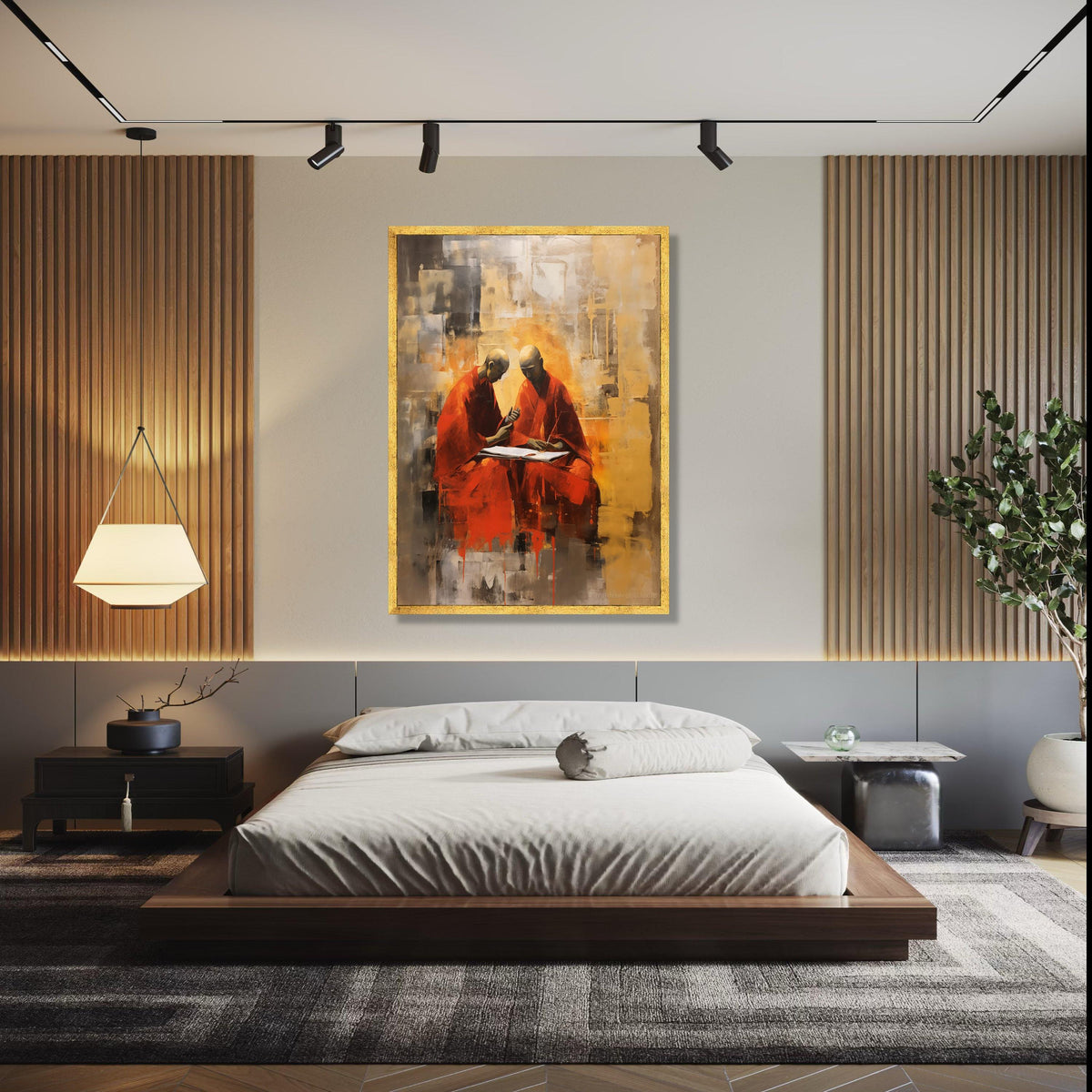 Meditative Monks Painting, Abstract Spiritual Canvas Art, Red Robe Monks Artwork, Contemplative Home Decor, Gift Art, Home Decor, Print